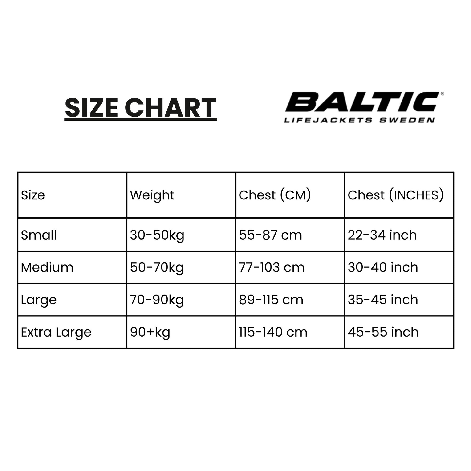 Size chart for the Baltic Outdoor Camo Green buoyancy aid showing chest measurements and weight range for small, medium, large, and extra-large sizes.