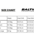 Size chart for the Baltic Outdoor Camo Green buoyancy aid showing chest measurements and weight range for small, medium, large, and extra-large sizes.