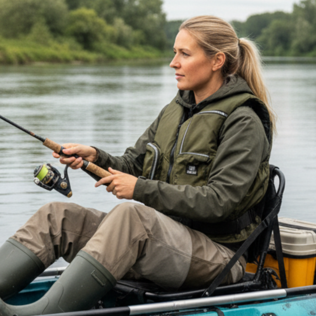 Female kayak angler wearing Baltic Outdoor camo green buoyancy aid with large storage pockets while fishing from a seated kayak on a river