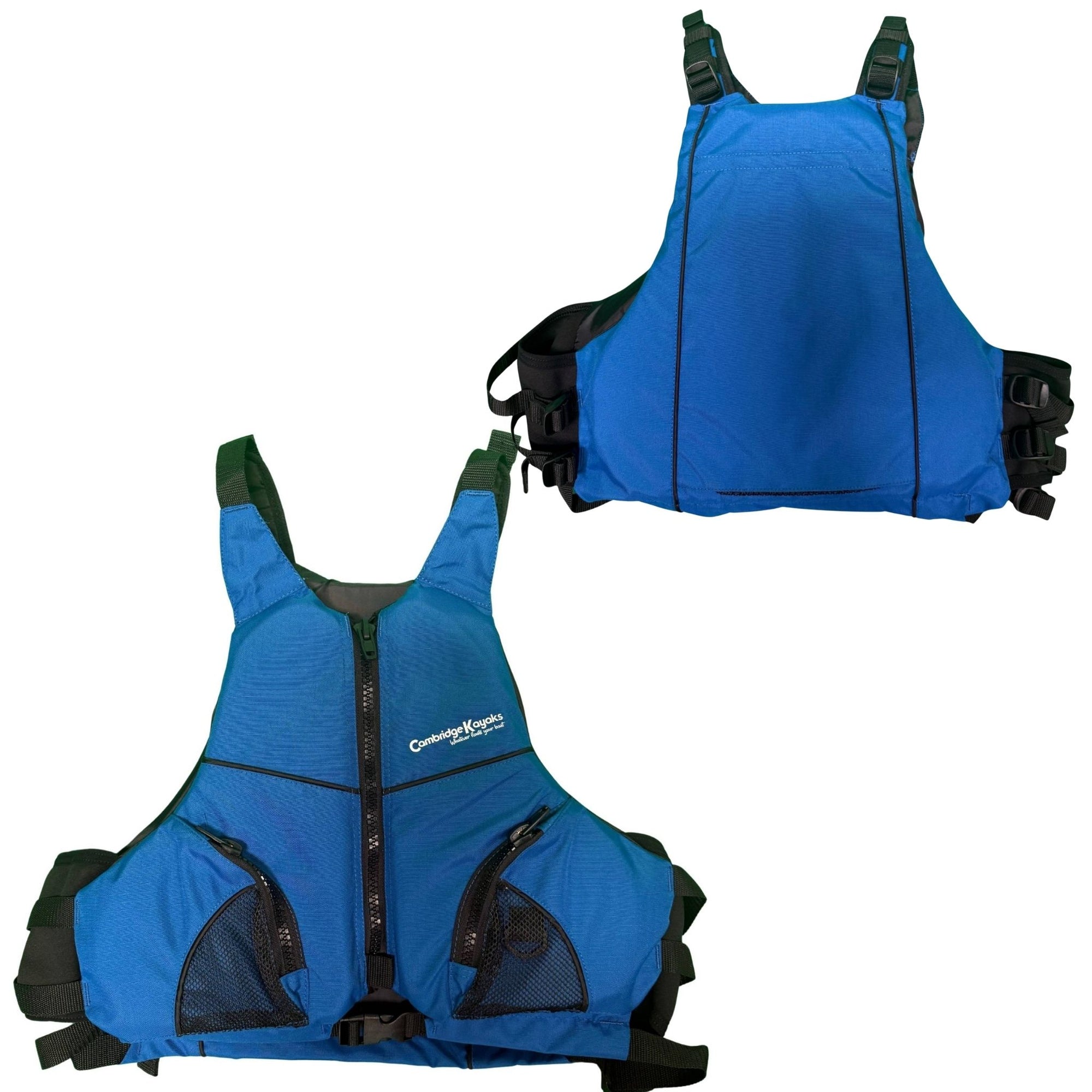 Blue Cambridge Kayaks buoyancy aid front and back view