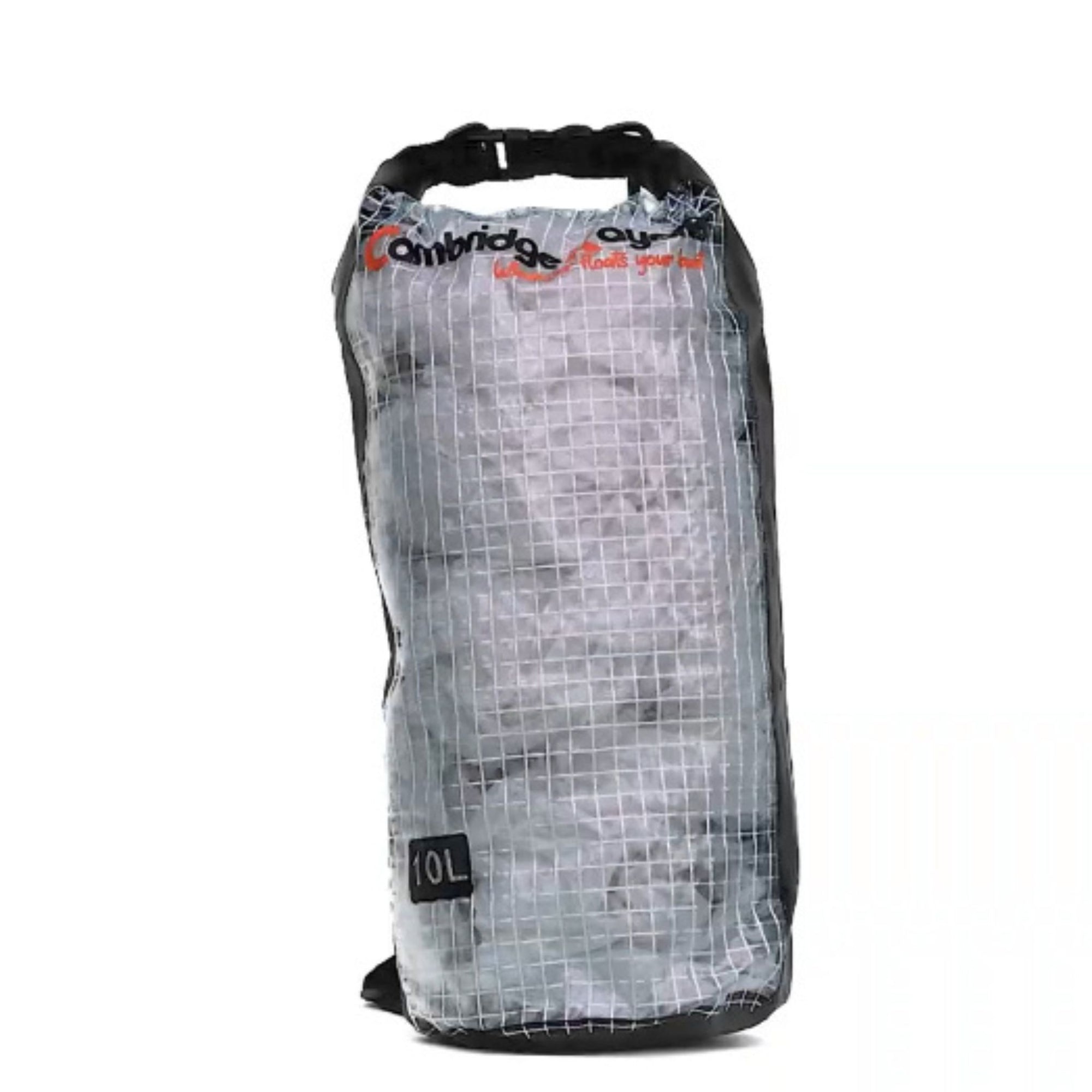 Angled view of the Cambridge Kayaks 10 L Dry Bag in grey, highlighting the reinforced seams and lightweight, waterproof material suitable for kayaking, boating, or paddleboarding.