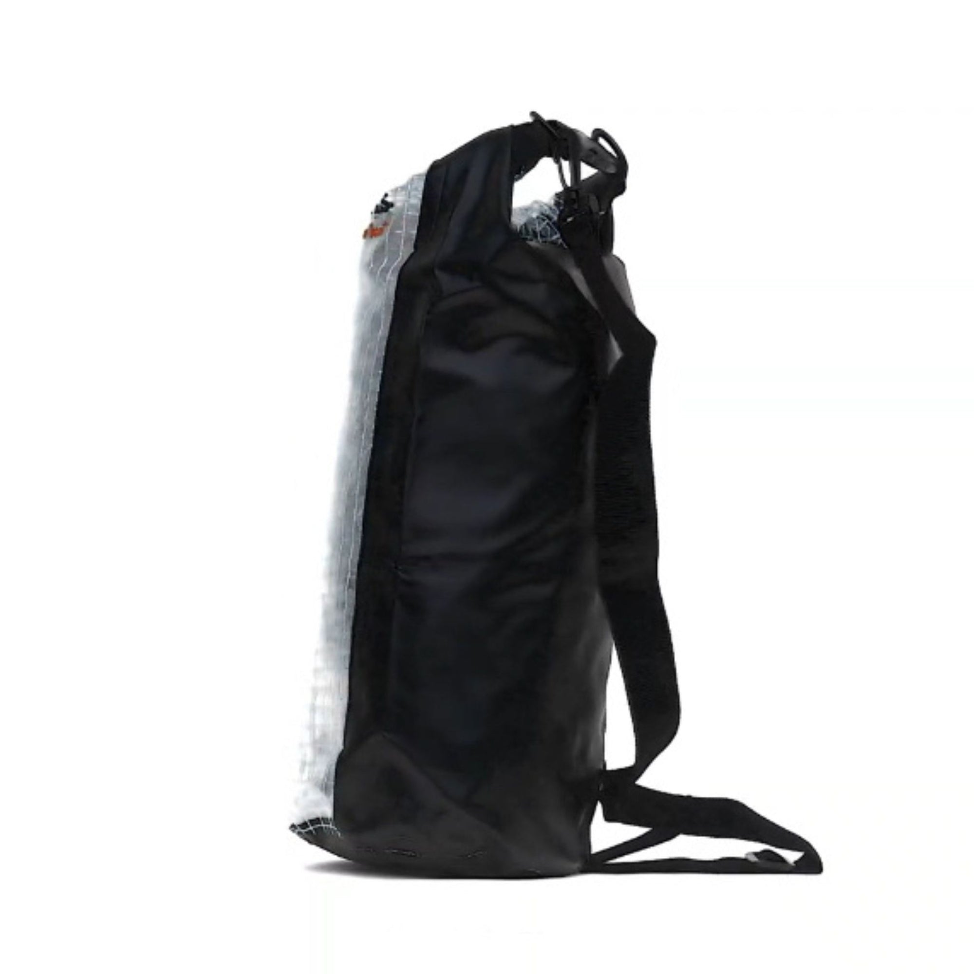 Back view of the Cambridge Kayaks 10 L Dry Bag in grey showing the simple roll-seal mechanism and adjustable shoulder strap designed for quick carrying and reliable waterproofing.