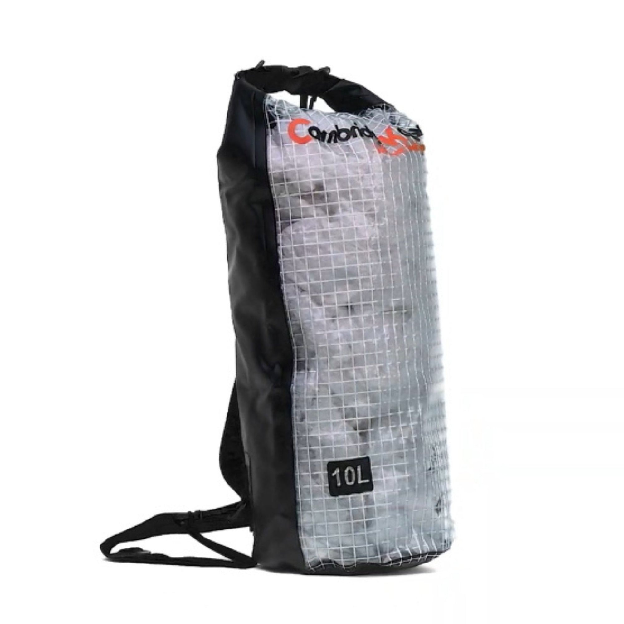 Front view of the Cambridge Kayaks 10 Litre Roll Top Dry Bag in grey, showing its translucent waterproof body, roll-top closure, and carry strap designed to keep belongings dry on the water.