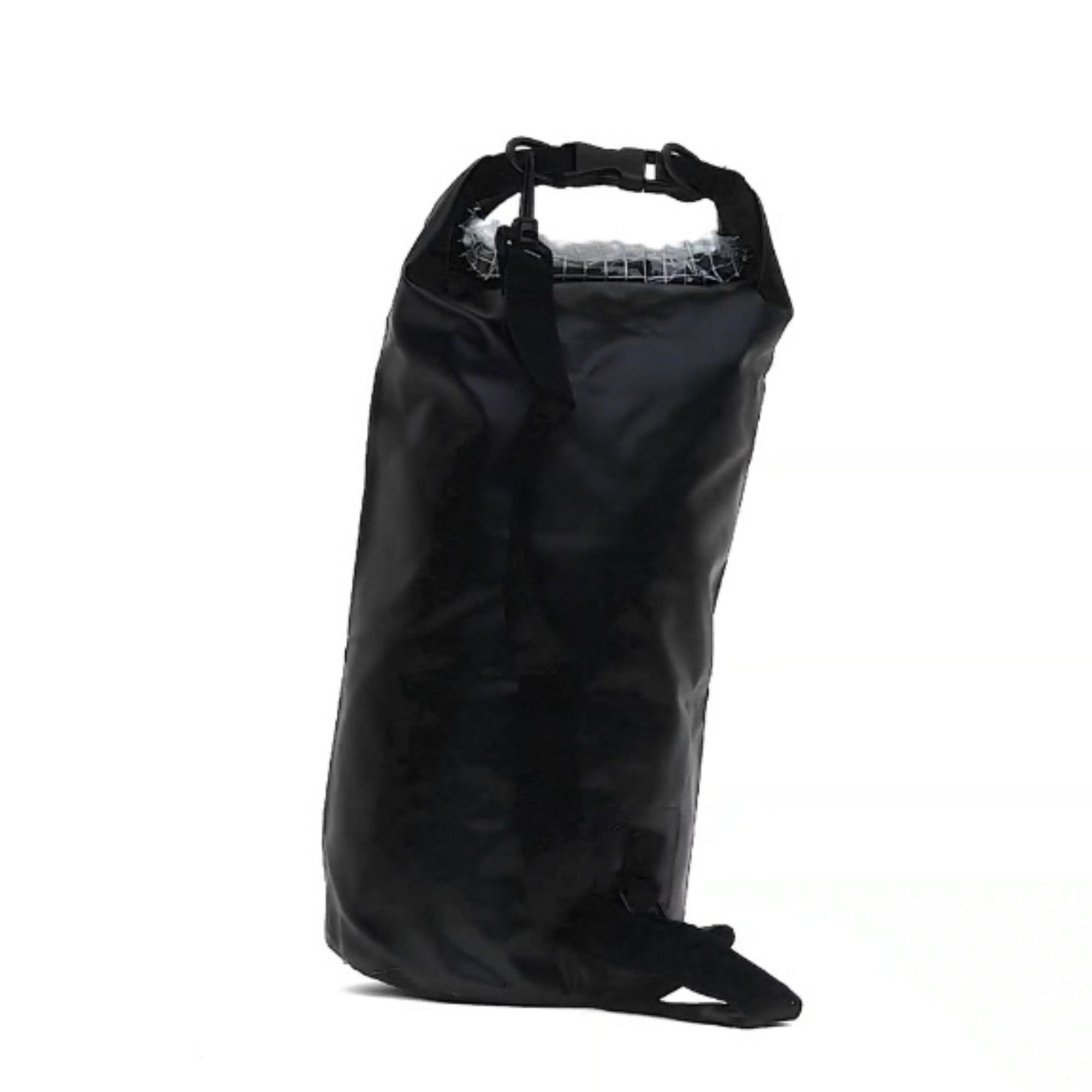 Profile view of the Cambridge Kayaks 10 L Roll Top Dry Bag in grey, featuring the flexible waterproof material and sturdy base that allows it to stand upright when filled.
