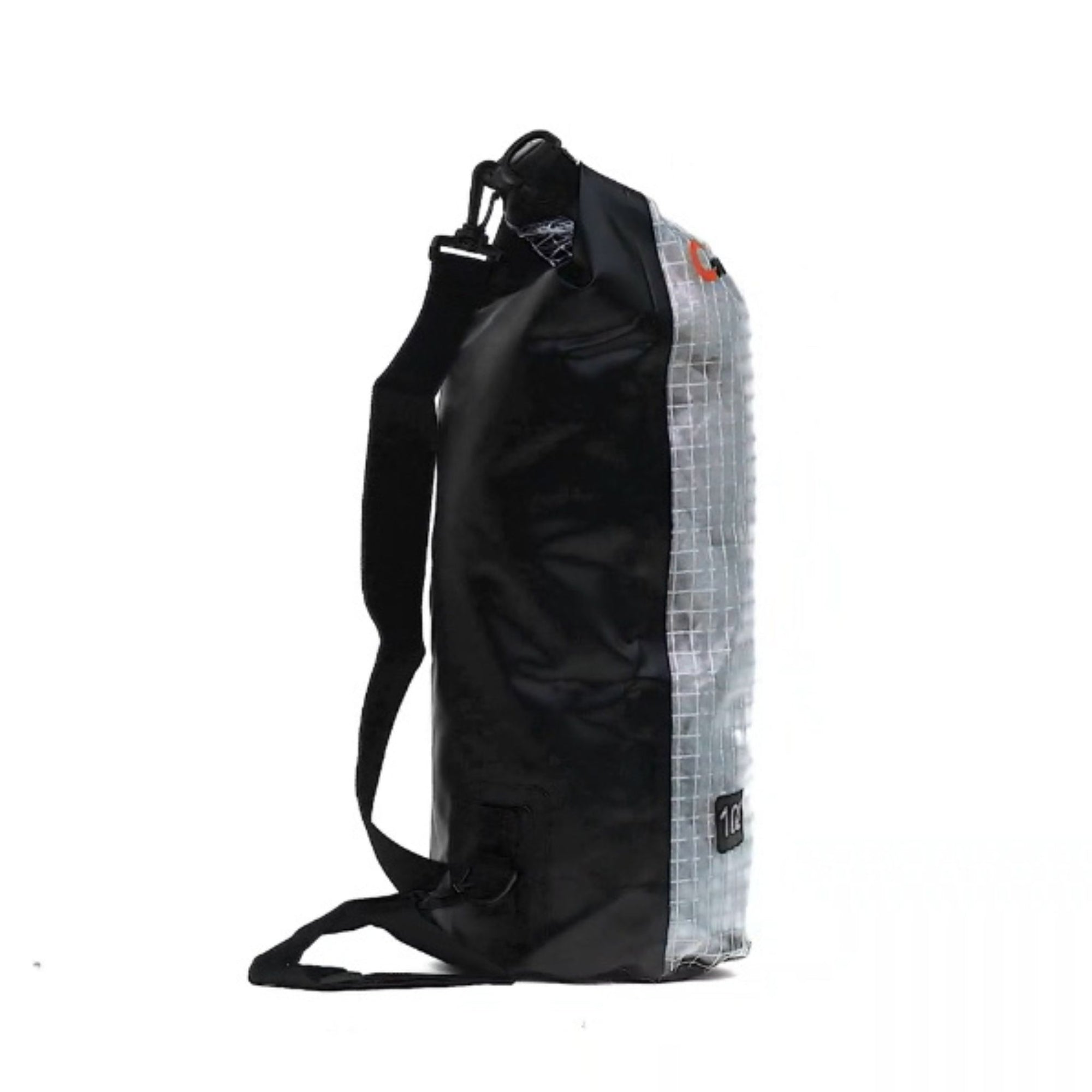 Side view of the Cambridge Kayaks 10 Litre Dry Bag in grey showing the adjustable carry strap and secure roll-top buckle system for easy transport and watertight protection.