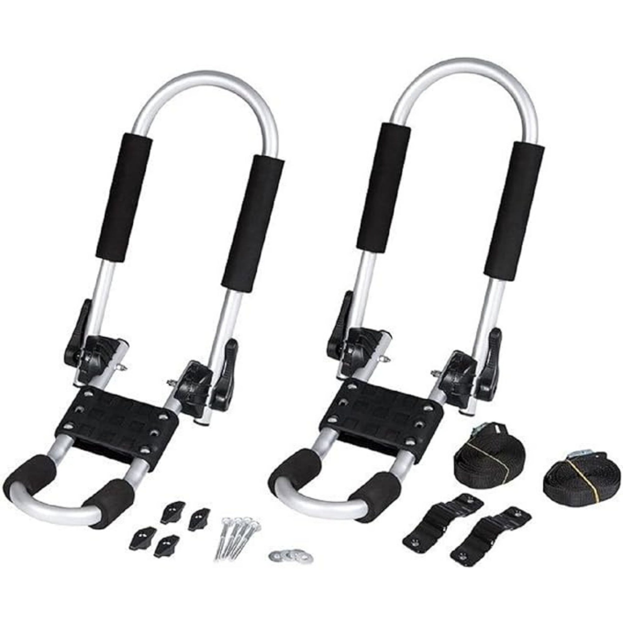 Cambridge Kayaks 1st Edition Folding J Bars full kit with mounting hardware, screws, and adjustable kayak roof carriers.