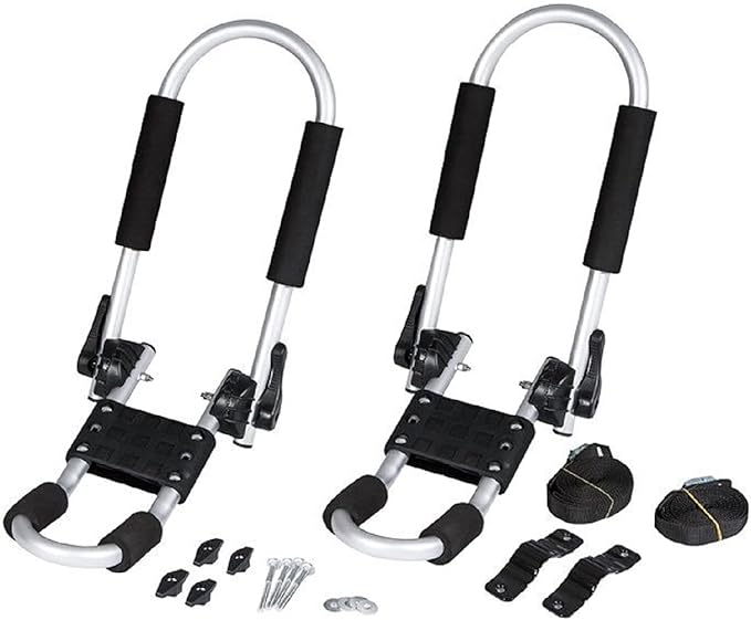 Cambridge Kayaks 1st Edition Folding J Bars full kit with mounting hardware, screws, and adjustable kayak roof carriers.