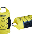 Front and side view of the Cambridge Kayaks 30L yellow waterproof deck bag showing the roll-top closure, black bungee cord storage, and side mesh pocket for extra gear.