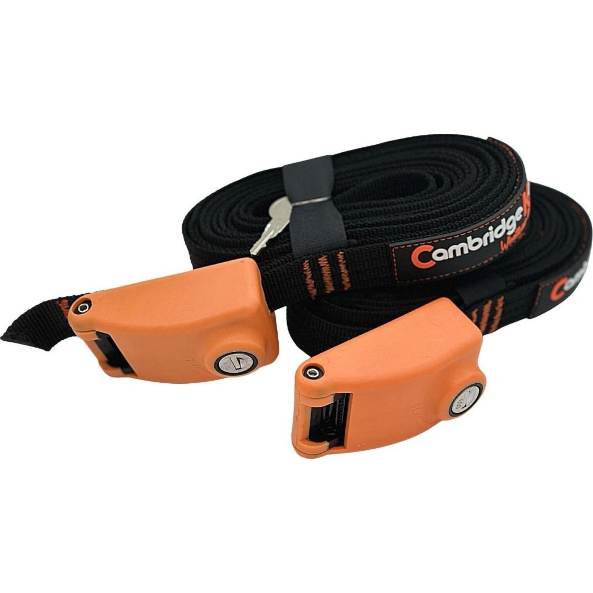 Side angle of the Cambridge Kayaks 4-metre lockable straps rolled neatly, showing the built-in key lock system and reinforced stitching for durability.