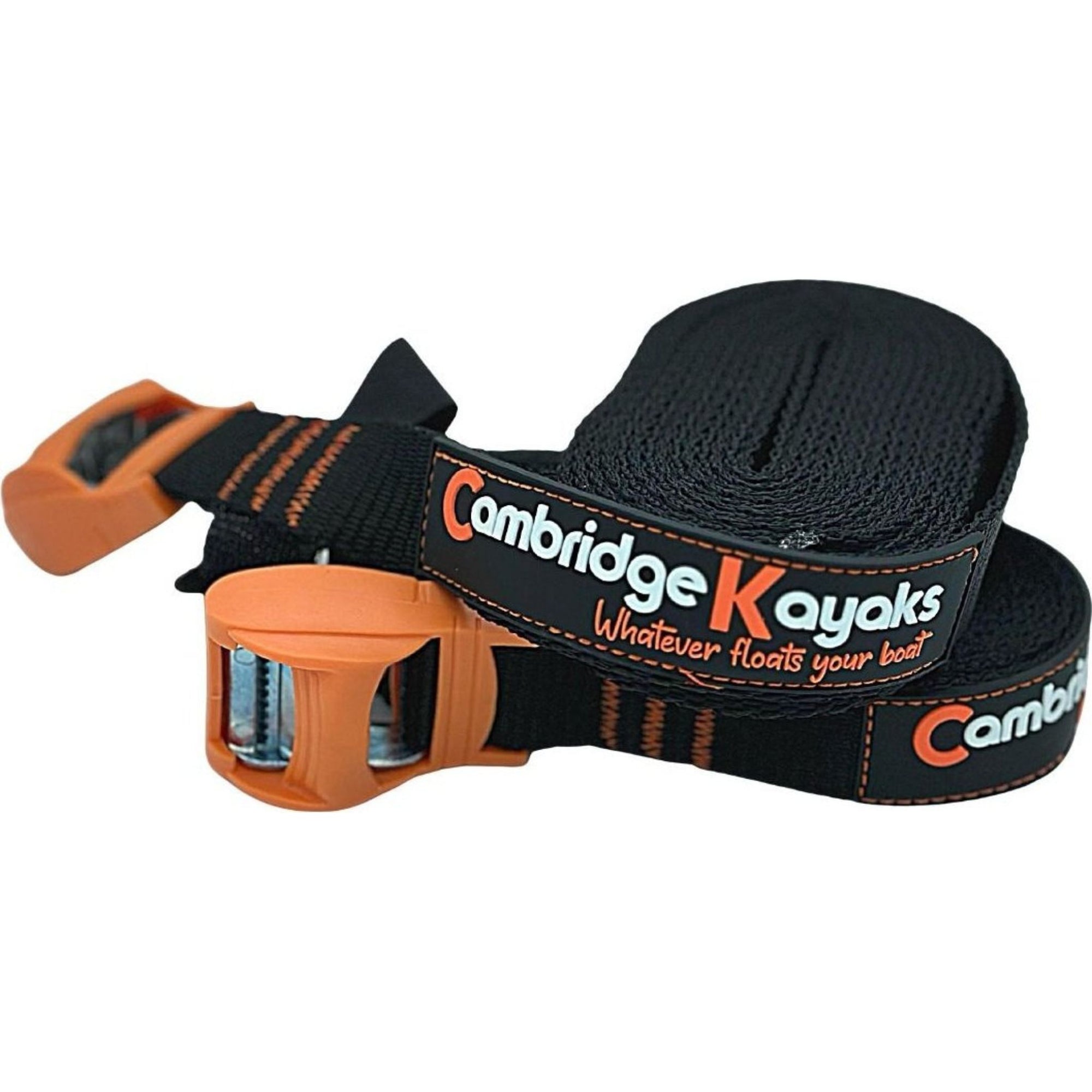 Front view of the Cambridge Kayaks 4-metre tie-down straps, showing the sturdy buckle, logo branding, and durable webbing designed for securing kayaks during transport.