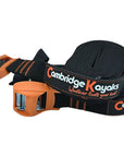 Front view of the Cambridge Kayaks 4-metre tie-down straps, showing the sturdy buckle, logo branding, and durable webbing designed for securing kayaks during transport.
