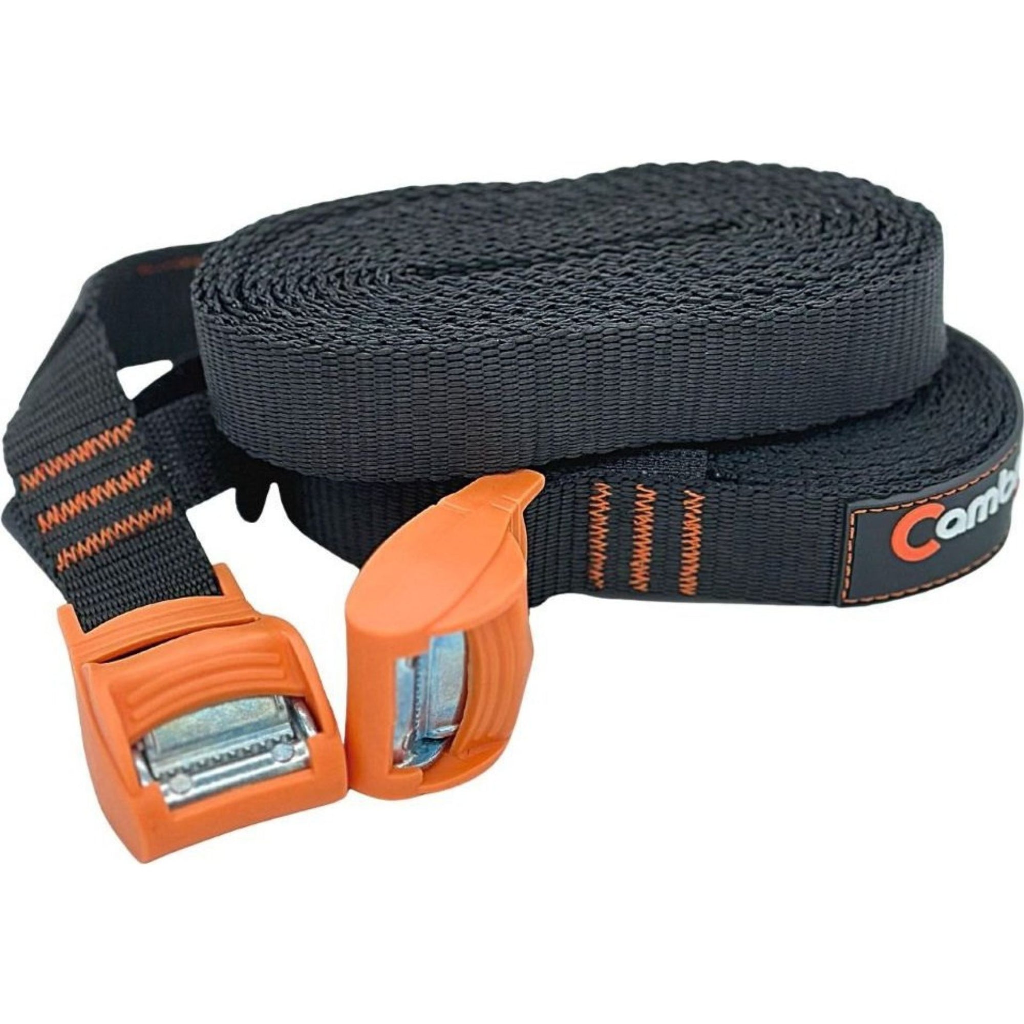 Side view of the Cambridge Kayaks 4-metre tie straps rolled neatly, highlighting the metal buckle and strong stitched ends for added reliability.