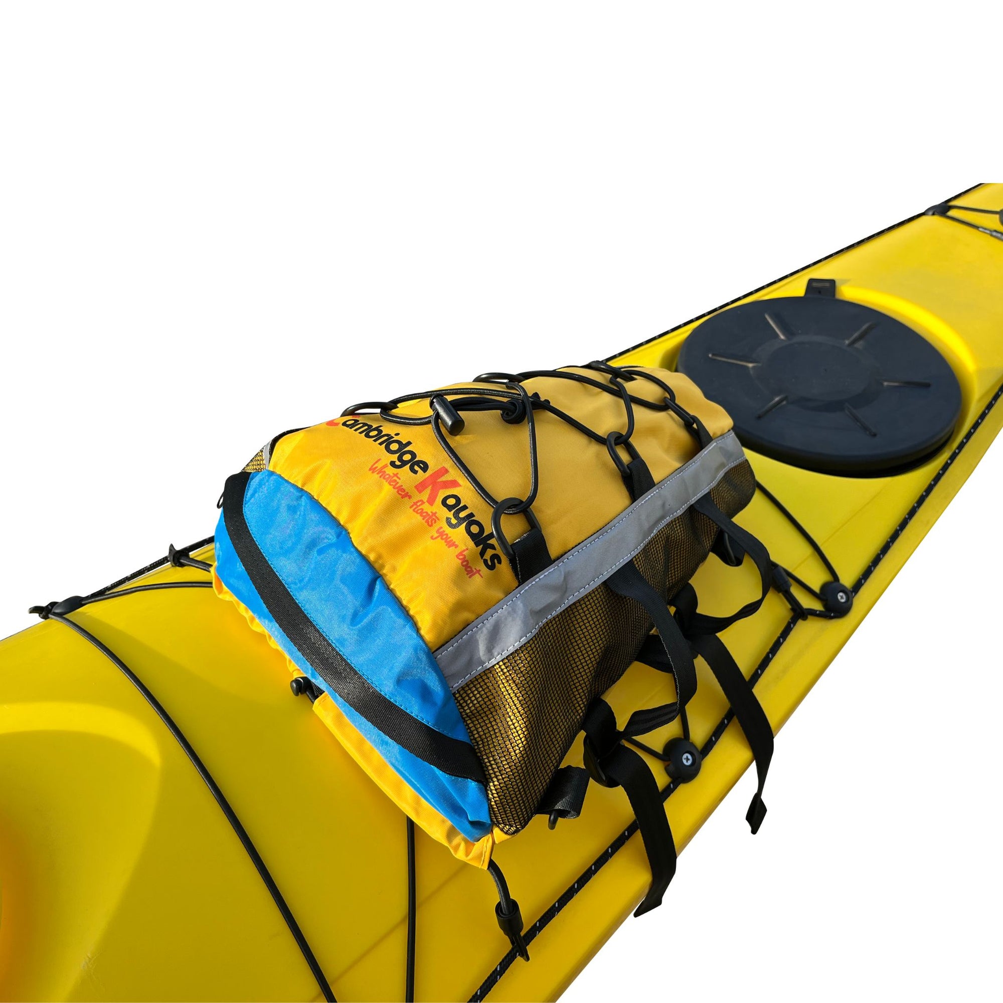 The Cambridge Kayaks Access Deck Bag fitted on the front deck of a kayak, displaying its compact shape, waterproof material, and secure strap positioning for convenient storage.