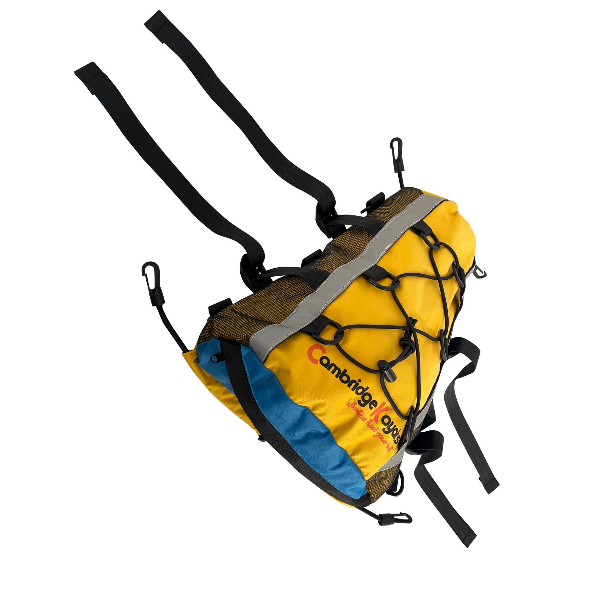 Side view of the Cambridge Kayaks Access Deck Bag highlighting the durable clips, zip entry, and reinforced seams designed for marine use and long-lasting performance.