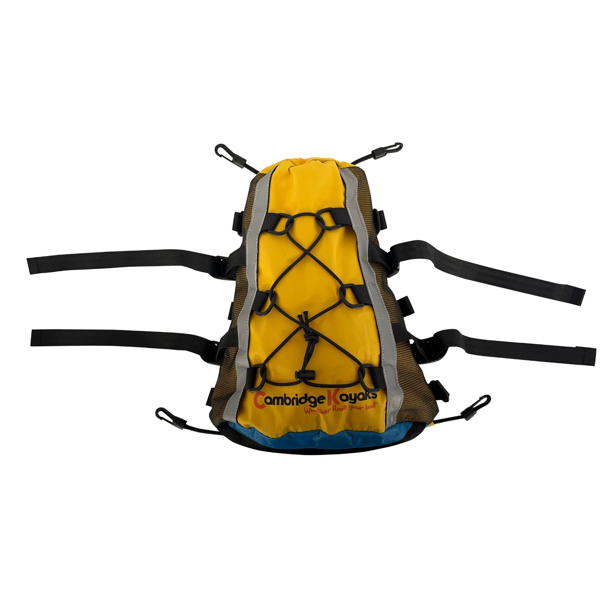 Top view of the Cambridge Kayaks Access Deck Bag showing the elastic bungee webbing for holding paddles or accessories and the adjustable securing straps for a stable fit.