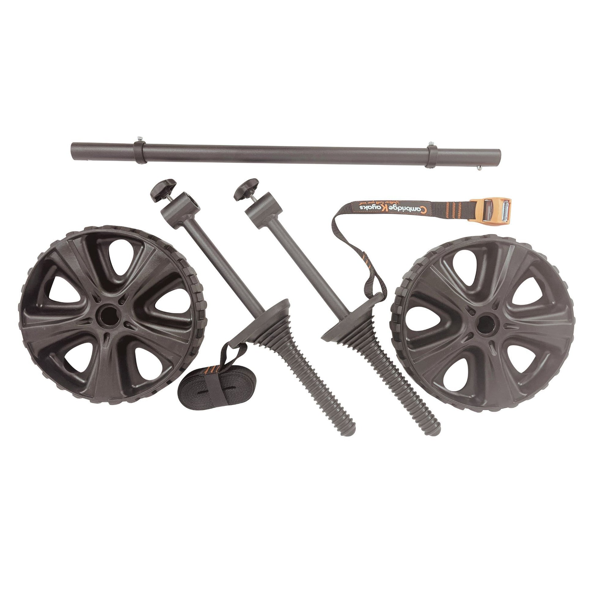 Image showing the Cambridge Kayaks Adjustable H-Trolley disassembled, with removable wheels, frame components, and connecting pins displayed for easy setup and compact storage.