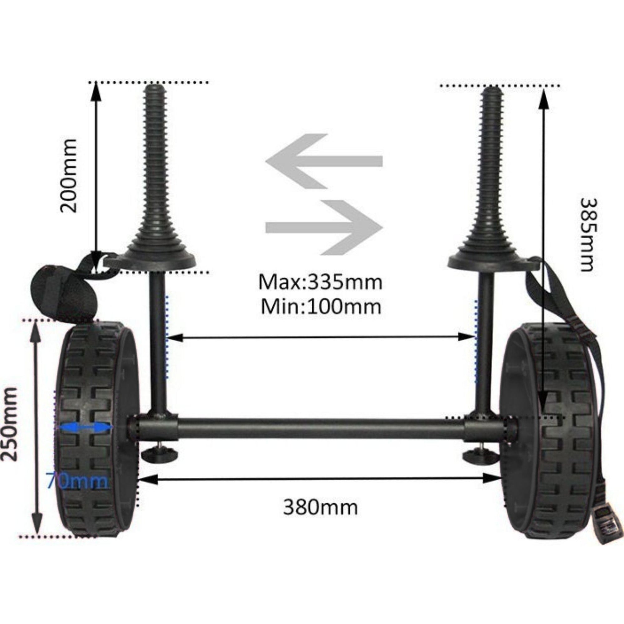 Diagram image displaying the Cambridge Kayaks Adjustable H-Trolley’s measurements, with adjustable width and height options clearly labeled.