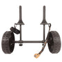 Front view of the Cambridge Kayaks Adjustable H-Trolley featuring its strong black aluminium frame, padded uprights, and large puncture-proof wheels designed for stable kayak transport.