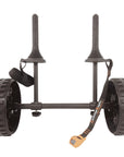 Front view of the Cambridge Kayaks Adjustable H-Trolley featuring its strong black aluminium frame, padded uprights, and large puncture-proof wheels designed for stable kayak transport.