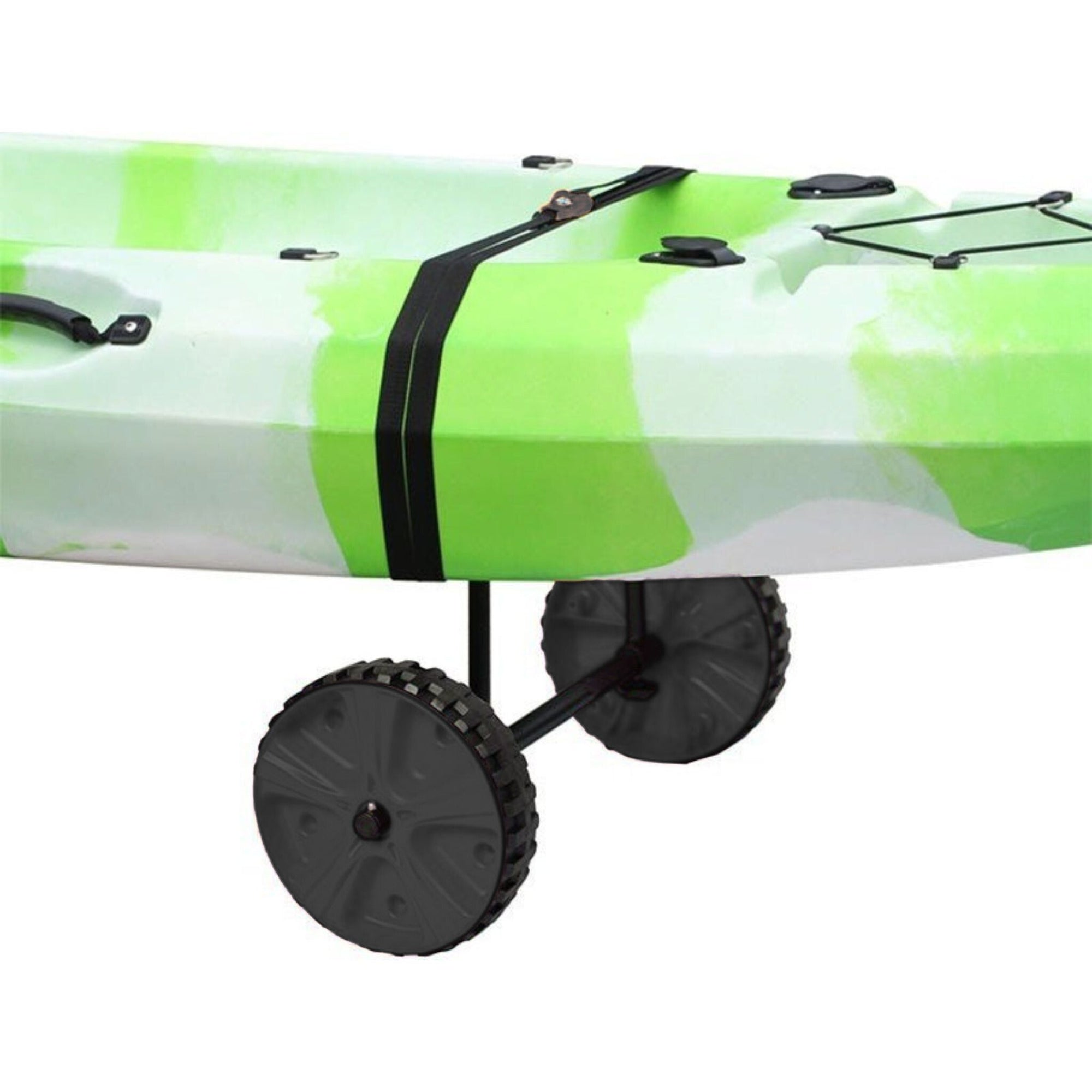 The Cambridge Kayaks Adjustable H-Trolley in action, supporting a green kayak securely for easy transportation to and from the water.