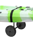 The Cambridge Kayaks Adjustable H-Trolley in action, supporting a green kayak securely for easy transportation to and from the water.