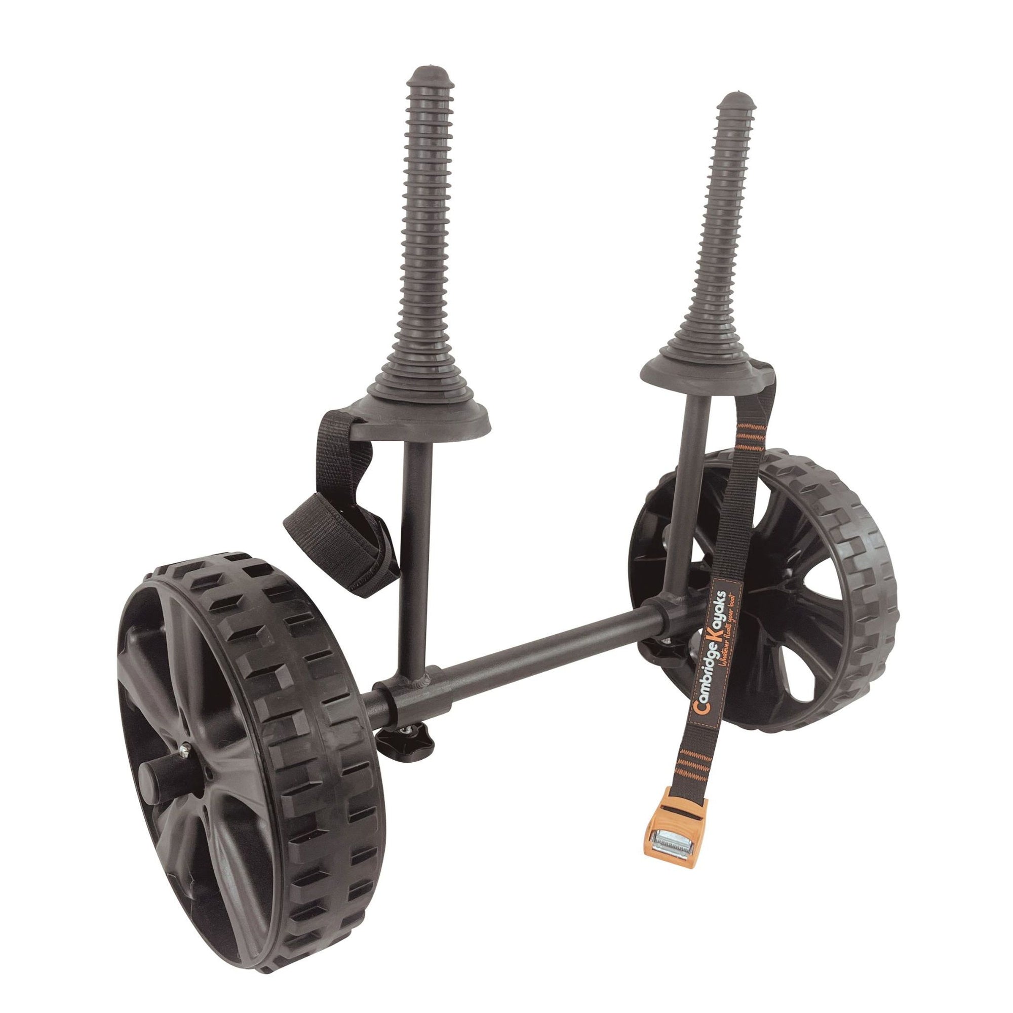 Side angle view of the Cambridge Kayaks Adjustable H-Trolley showing durable foam padding, quick-release wheels, and reinforced tubing for secure and smooth movement.