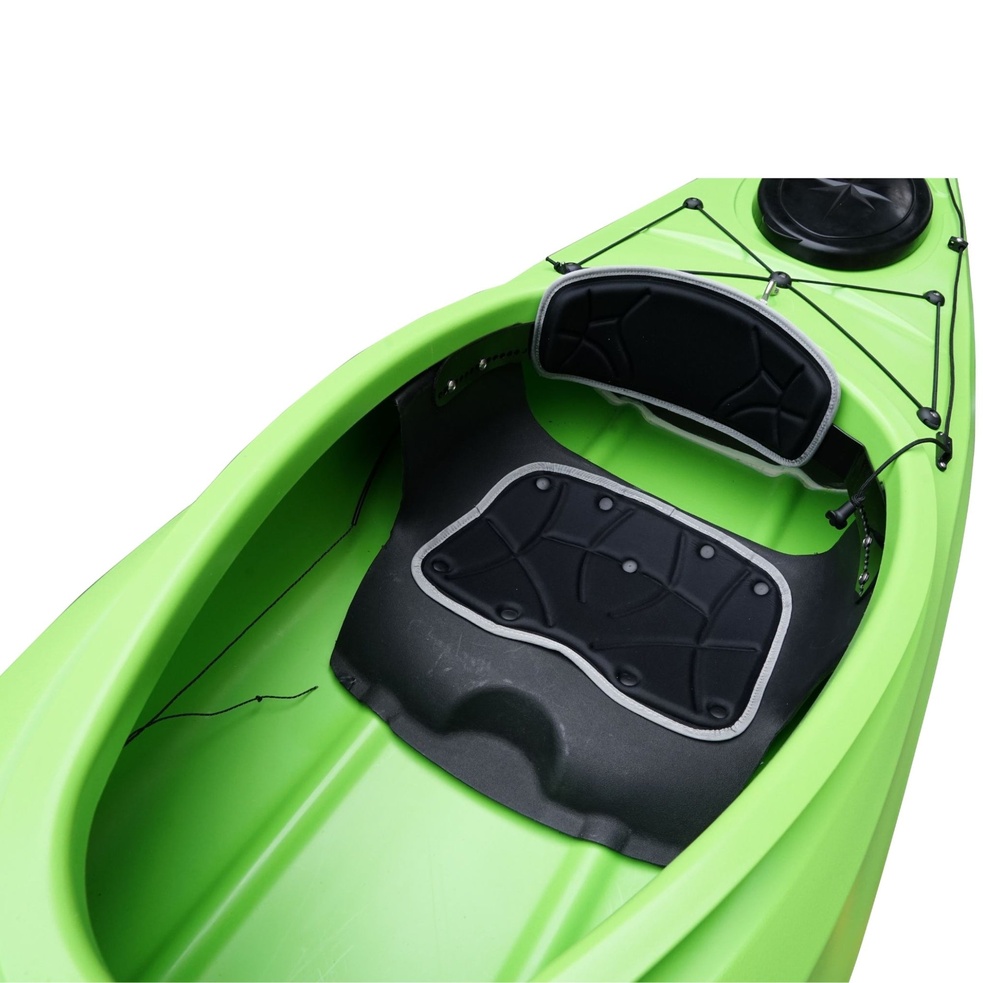 Cockpit of Cambridge Kayaks Adventure 350 touring sit-in kayak with padded seat base and adjustable backrest designed for comfort on long paddling journeys.