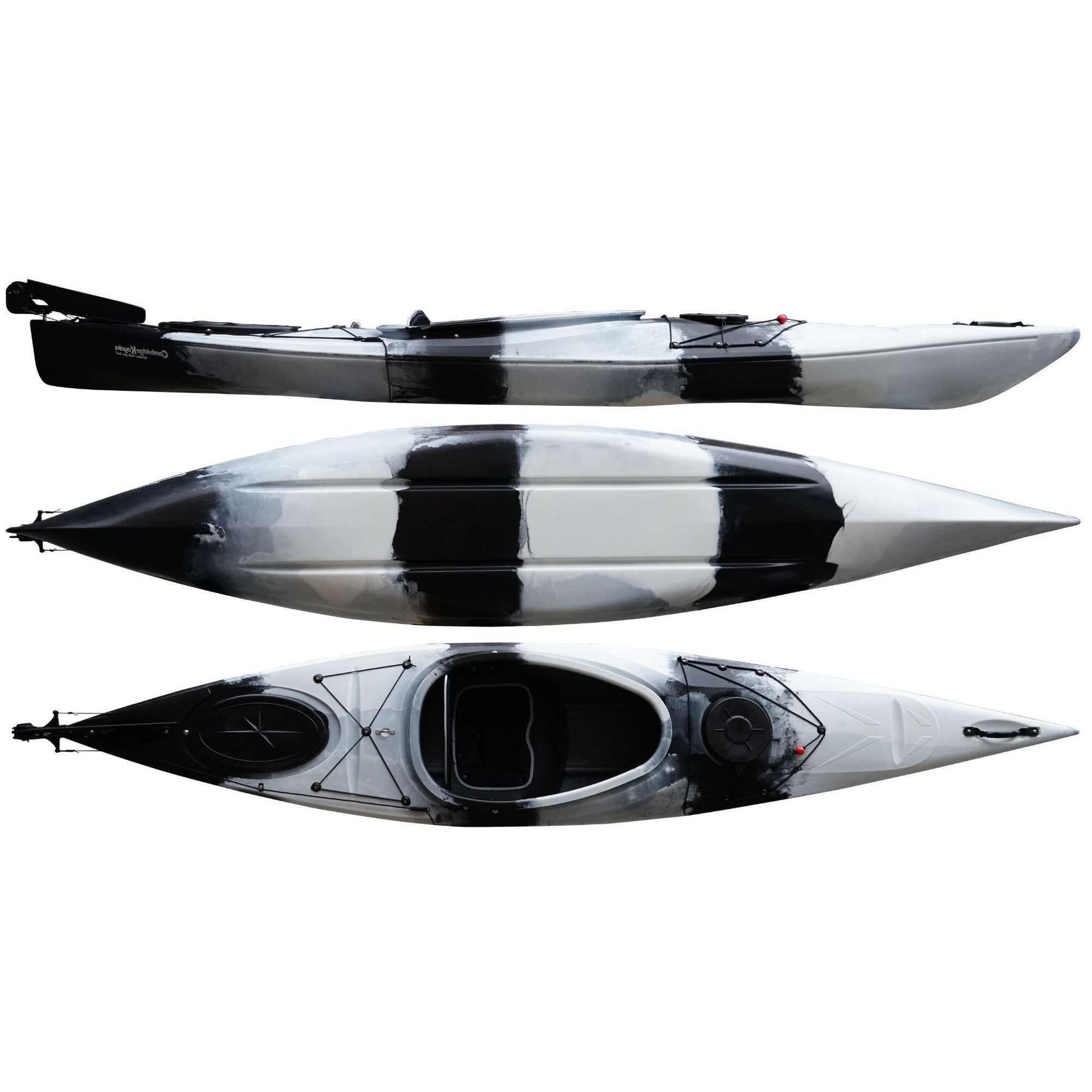 Cambridge Kayaks Adventure 350 sit in kayak in black white camo, durable fishing and touring kayak for UK waters with ergonomic cockpit and storage, designed for beginners and experts alike