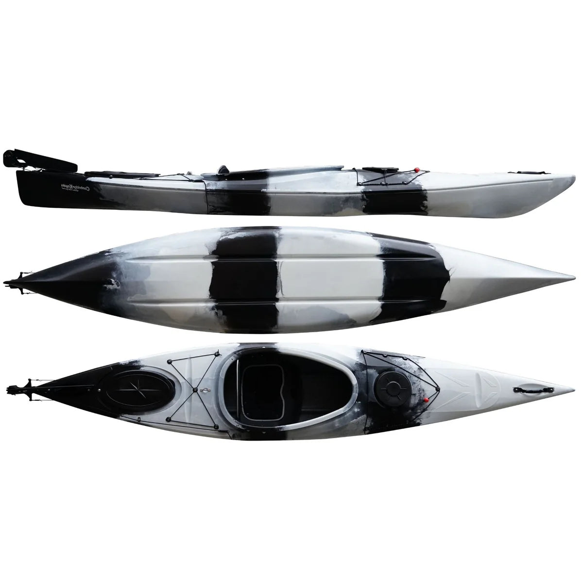 Cambridge Kayaks Adventure 350 touring sit-in kayak in black and white