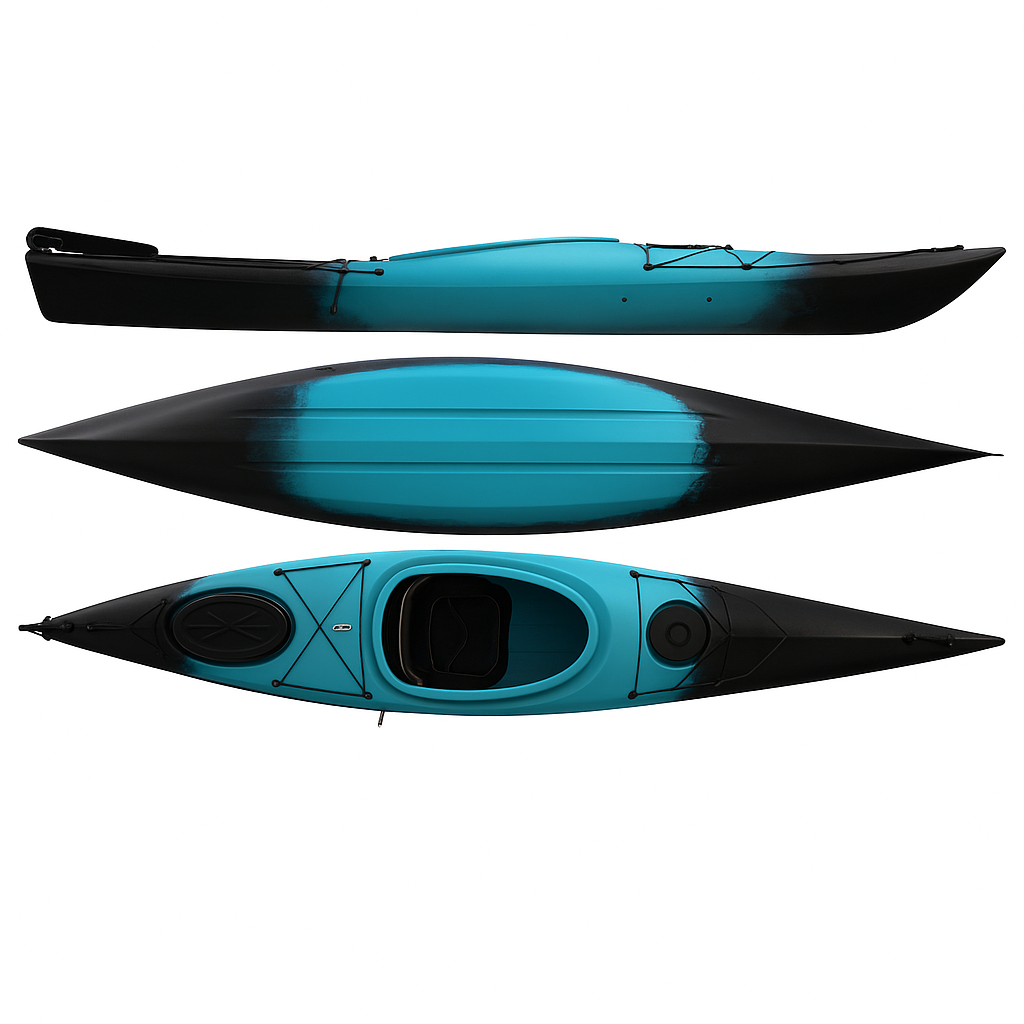 Cambridge Kayaks Adventure 350 sit in kayak in blue black fade, lightweight touring kayak for fitness paddling, river trips and sea kayaking with ergonomic cockpit