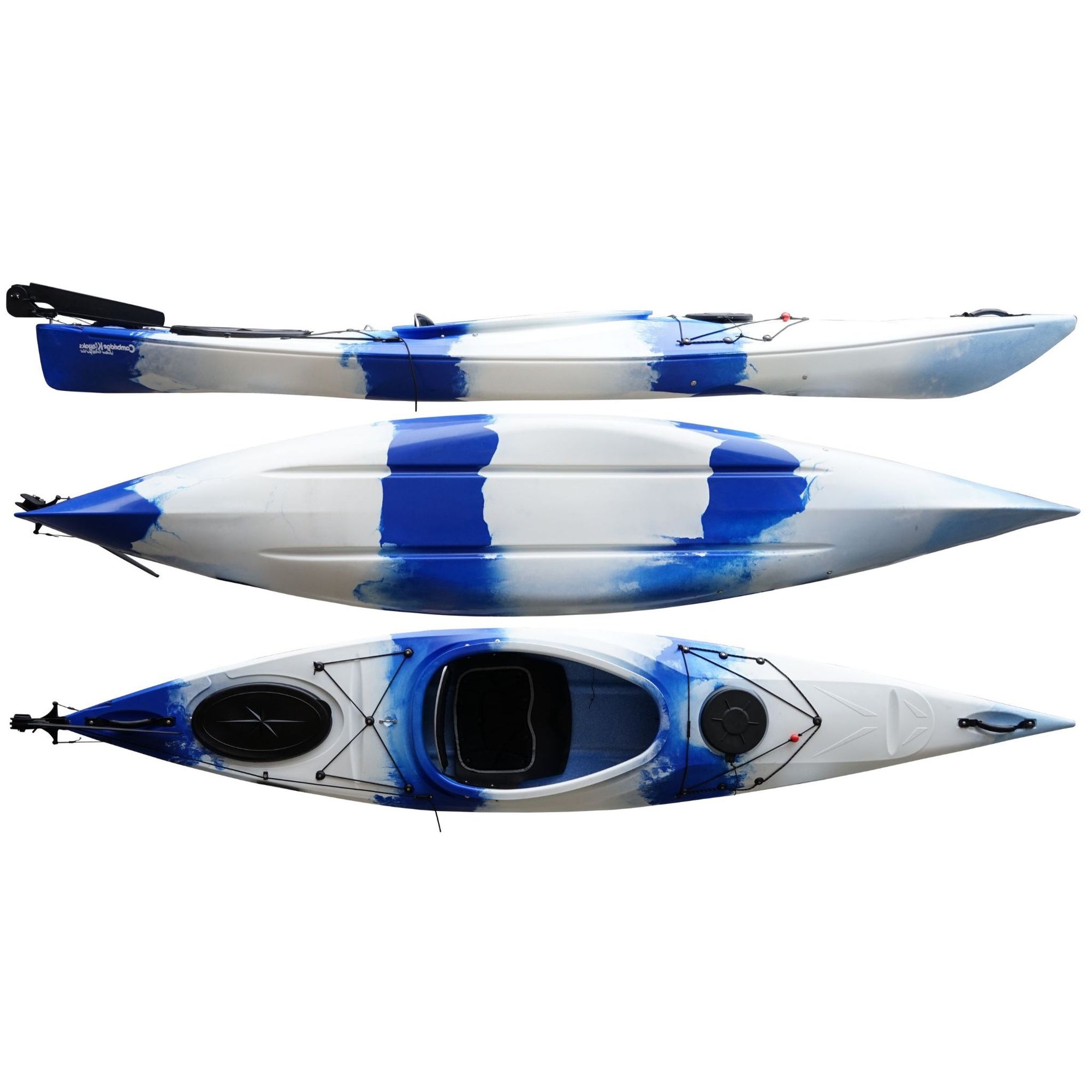 Cambridge Kayaks Adventure 350 touring sit in kayak in blue white camo, compact fishing kayak with hatch storage, a stable kayak for beginners and leisure paddling on rivers, lakes and coastal waters