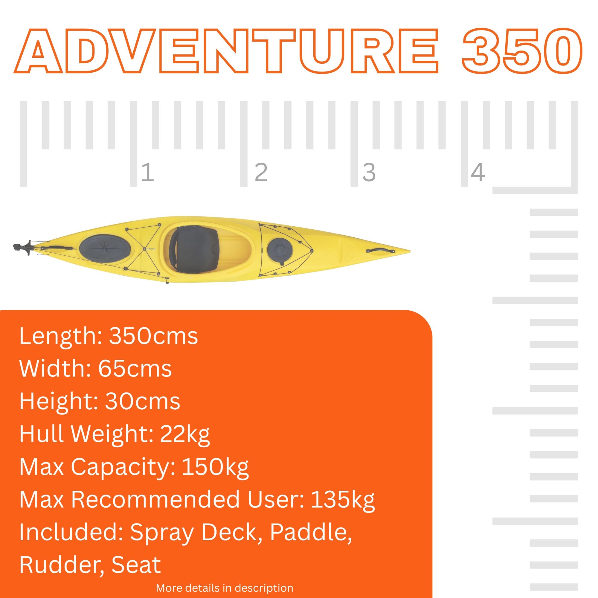 Dimensions diagram of Cambridge Kayaks Adventure 350 sit in kayak, highlighting length, width and hull design, essential for anyone choosing a lightweight touring kayak