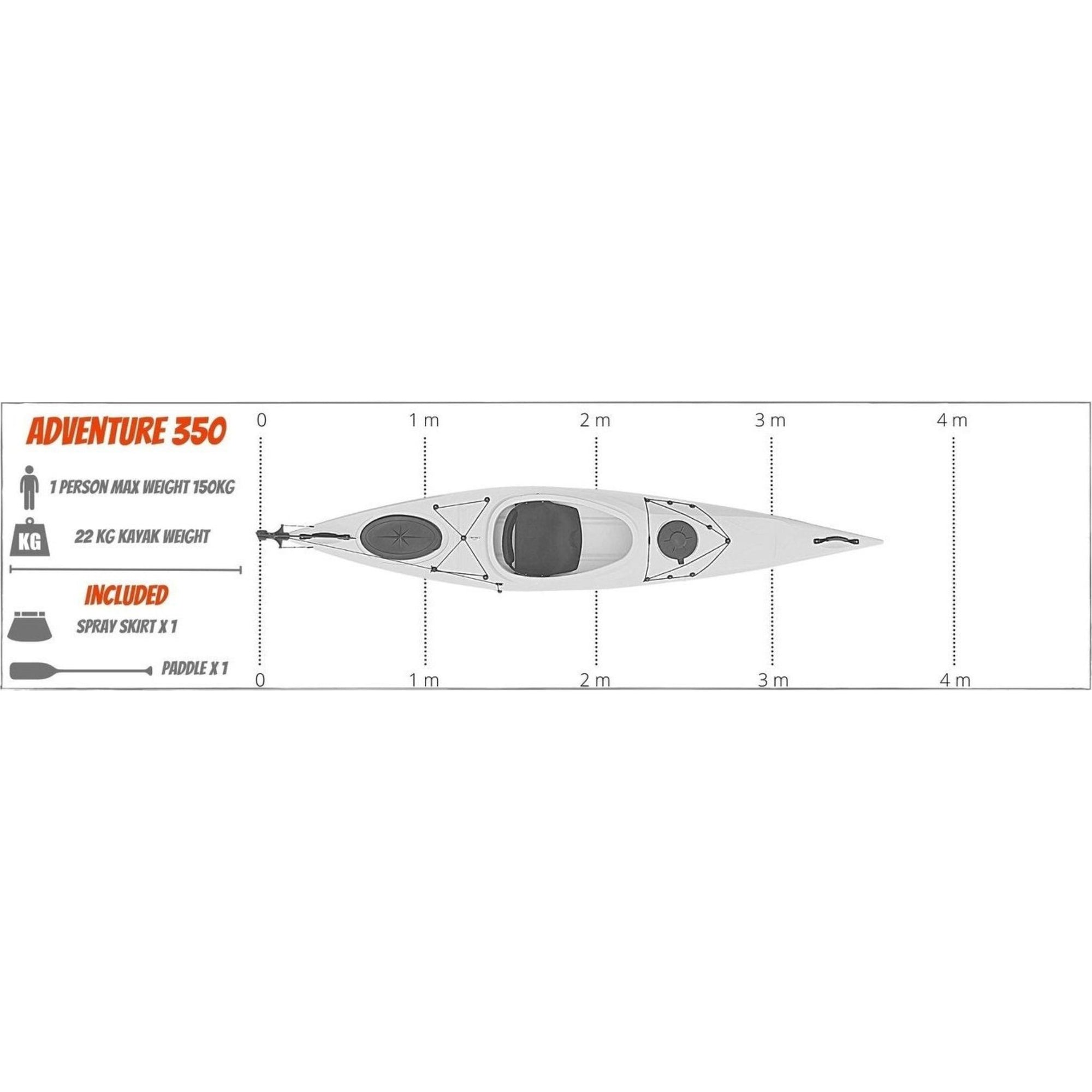Dimensions diagram of Cambridge Kayaks Adventure 350 sit in kayak, highlighting length, width and hull design, essential for anyone choosing a lightweight touring kayak