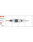 Dimensions diagram of Cambridge Kayaks Adventure 350 sit in kayak, highlighting length, width and hull design, essential for anyone choosing a lightweight touring kayak
