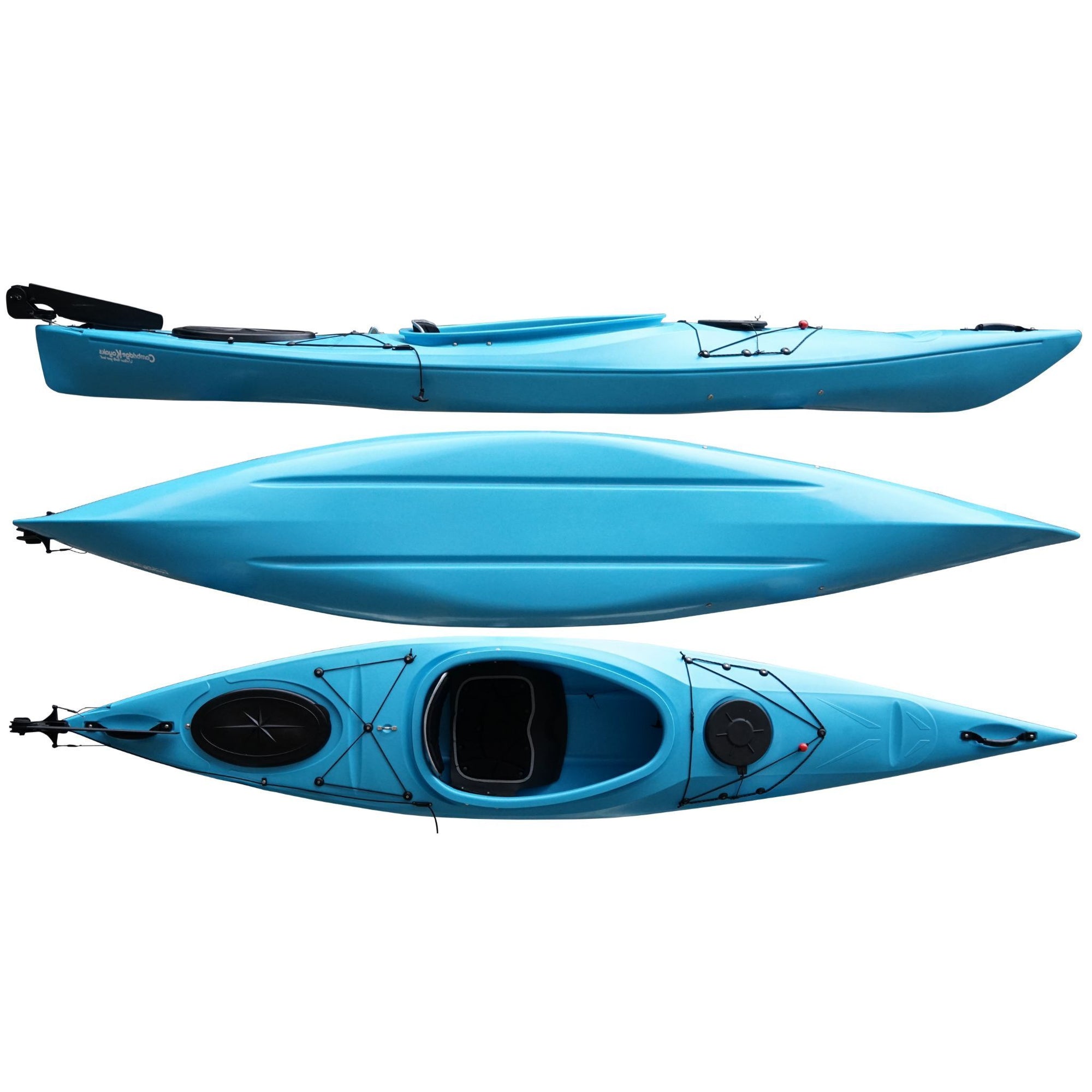 Cambridge Kayaks Adventure 350 touring sit in kayak in light blue, one of the best sit in kayaks UK for beginners, leisure paddling, and touring rivers or lakes with storage hatch and footrests