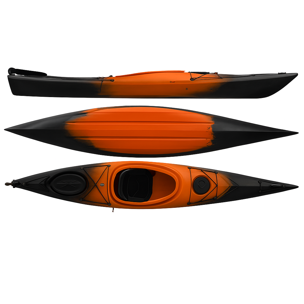 Cambridge Kayaks Adventure 350 sit in kayak in orange black fade, stylish UK touring kayak with stable hull, designed for sea trips, rivers and leisure paddling