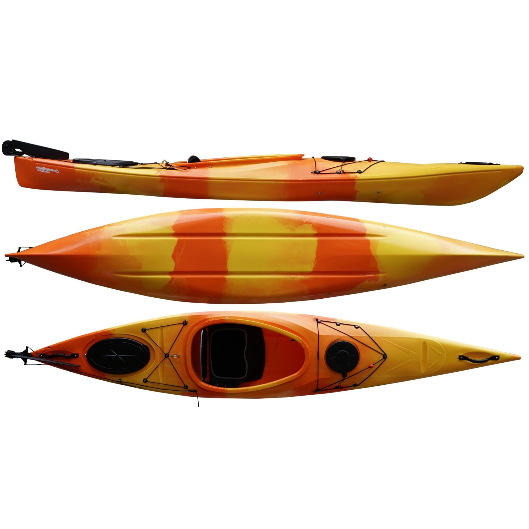 Cambridge Kayaks Adventure 350 sit in kayak in orange camo, colourful and durable lightweight touring kayak for beginners and families with storage hatch and footrests