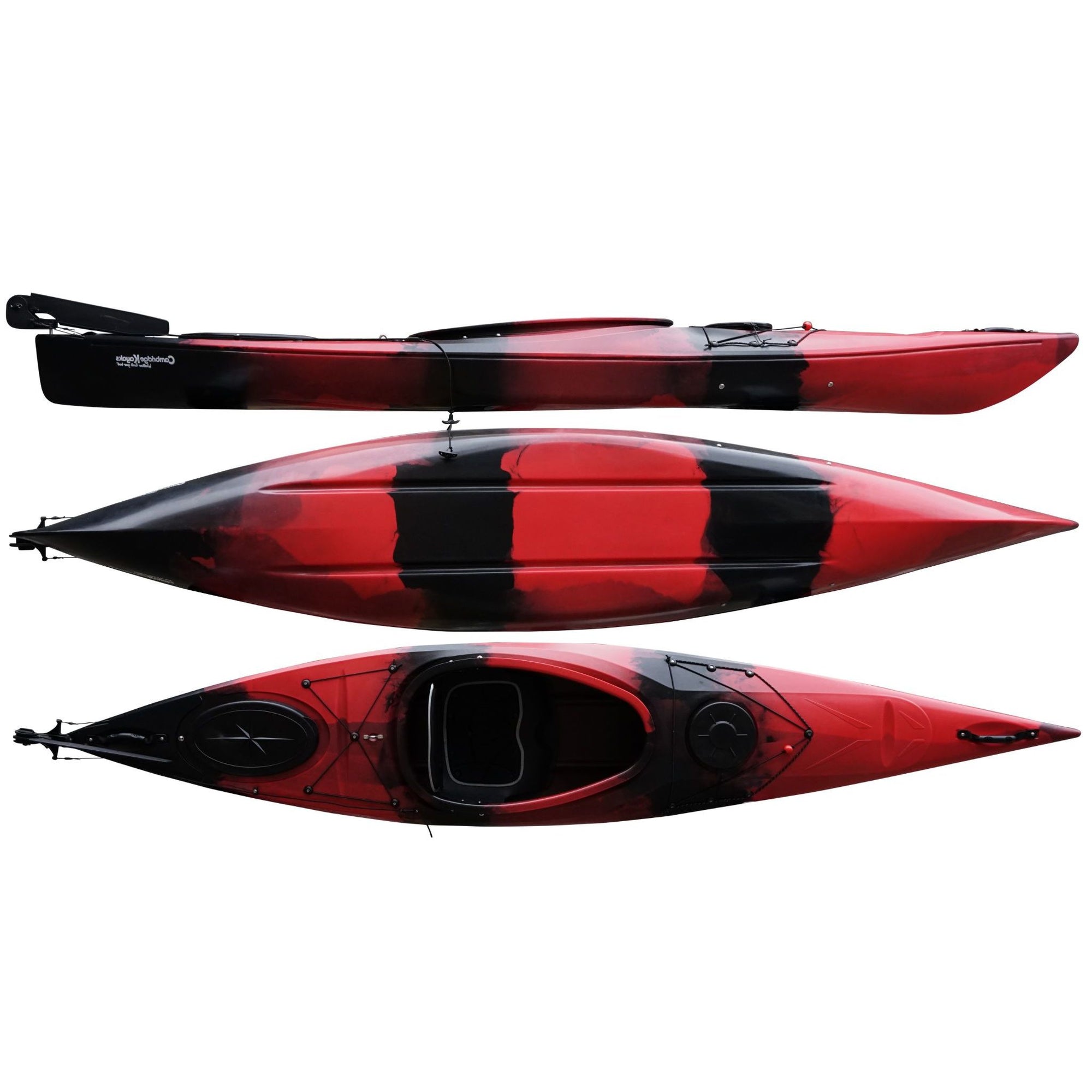 Cambridge Kayaks Adventure 350 sit in kayak in red black camo, one of the best sit in kayaks UK for river and sea fishing, designed for stability and recreational paddling