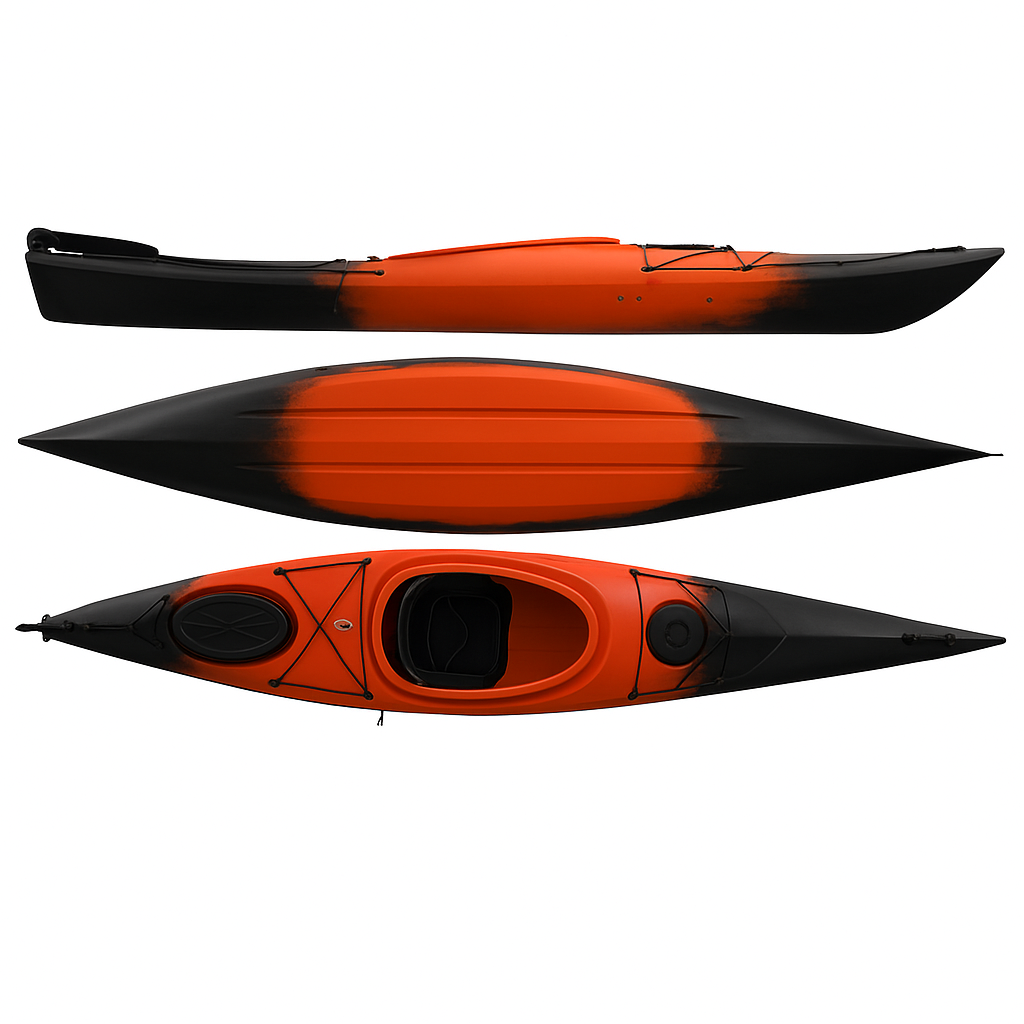 Cambridge Kayaks Adventure 350 sit in kayak in red black fade, strong single kayak for UK waters, perfect for fishing, touring and family leisure kayaking