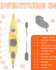 Specifications diagram for Cambridge Kayaks Adventure 350 sit in touring kayak, showing weight, size, seating and hatch details, ideal for buyers comparing the best sit in kayaks UK