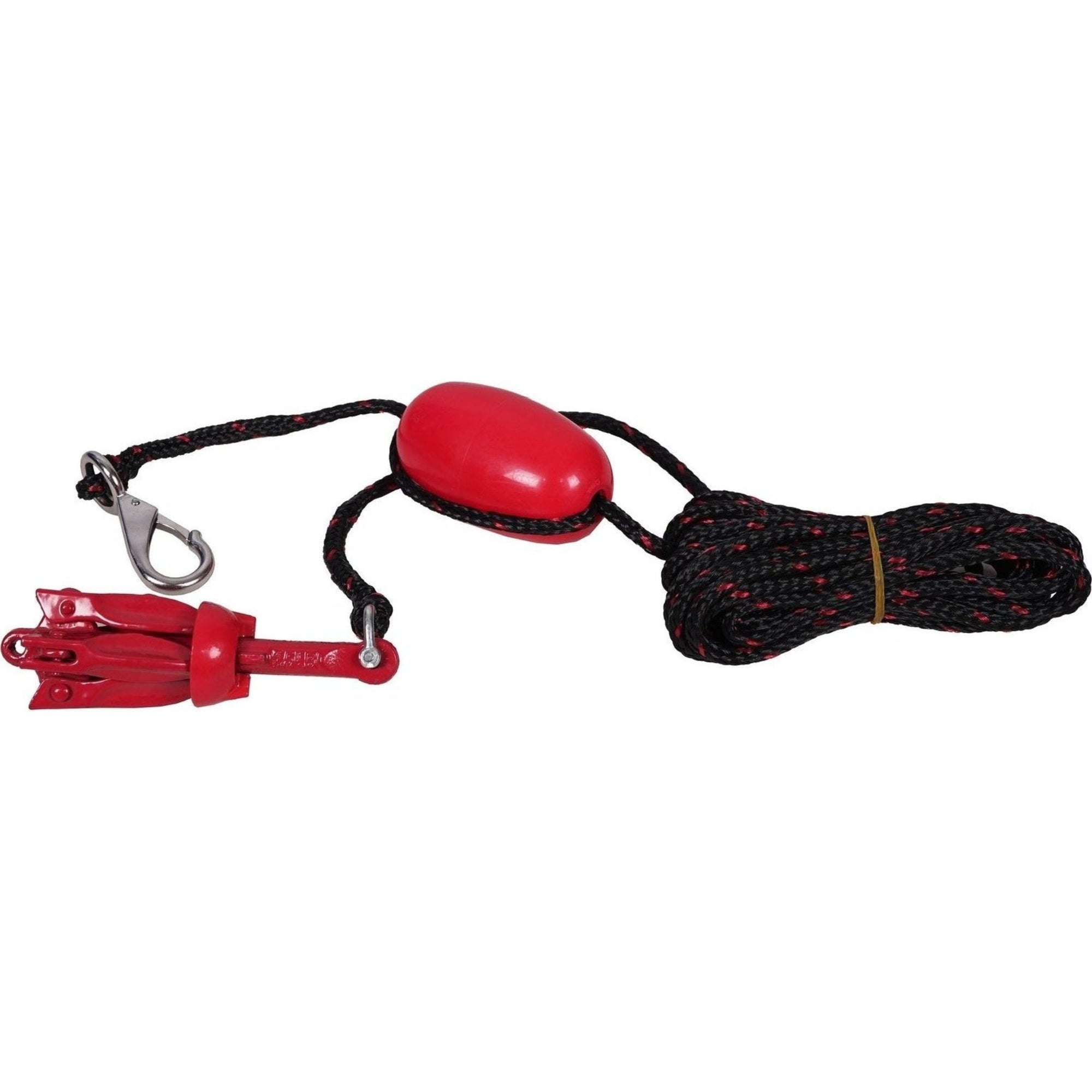 Complete Cambridge Kayaks anchor kit showing the red folding anchor, rope, buoy, and metal clip neatly arranged on a grey background.