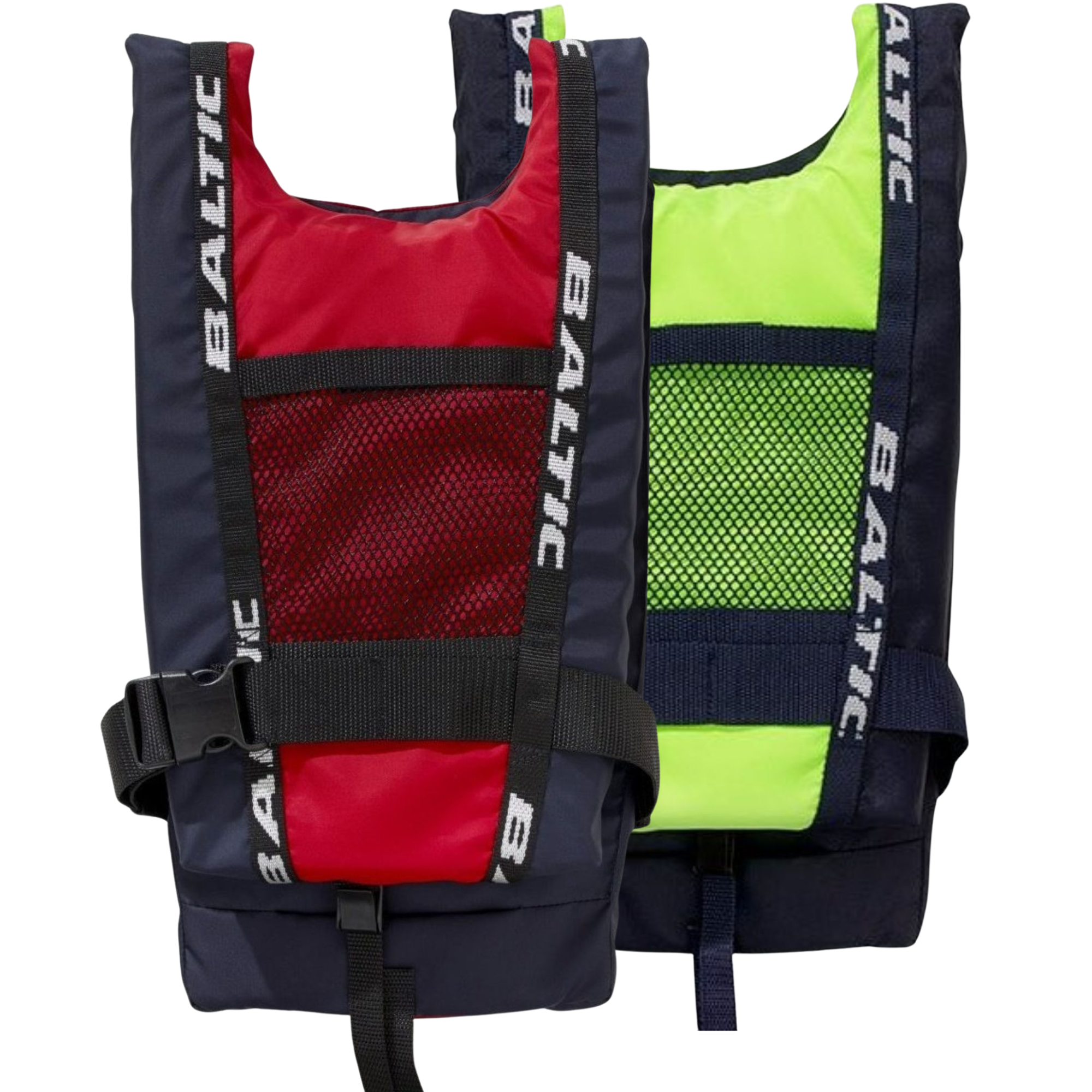 Two Baltic Canoe Buoyancy Aids in red and yellow shown together, featuring adjustable waist straps, mesh panels, and durable nylon construction designed for kayaking and canoe safety.