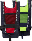 Two Baltic Canoe Buoyancy Aids in red and yellow shown together, featuring adjustable waist straps, mesh panels, and durable nylon construction designed for kayaking and canoe safety.
