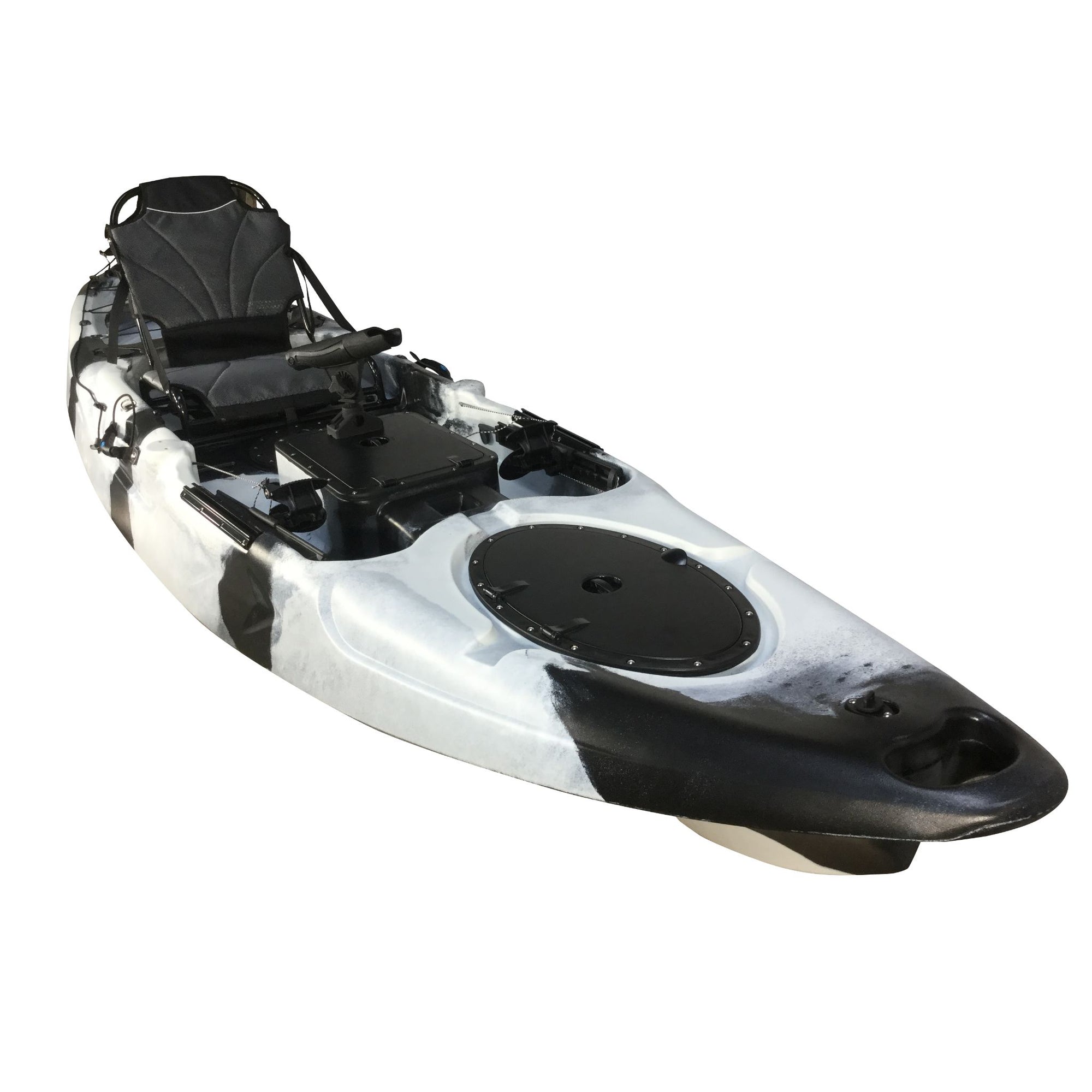 Overhead view of Cambridge Kayaks Barracuda black and white with seat layout, centre hatch and bungee cord storage.