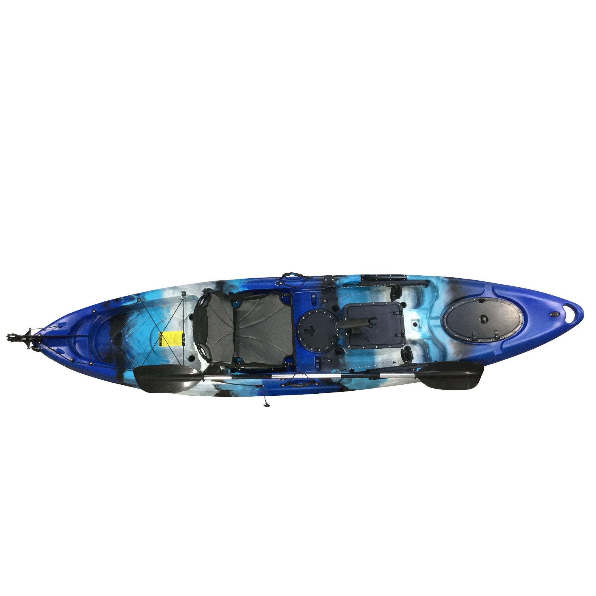 Top view of Cambridge Kayaks Barracuda blue and white fishing kayak with seat layout, rod holders and deck features for angling.