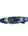 Top view of Cambridge Kayaks Barracuda blue and white fishing kayak with seat layout, rod holders and deck features for angling.