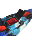Rear-angled image of Cambridge Kayaks Barracuda blue and white kayak showing rudder housing and rear storage net.