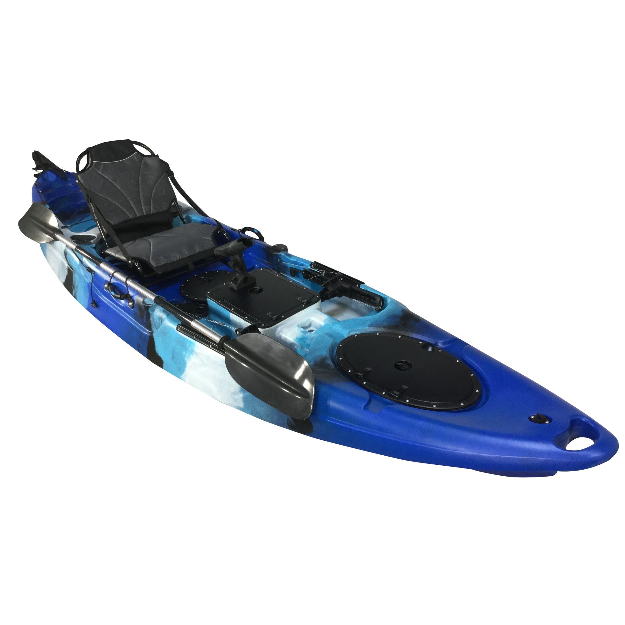 Rear deck view of Cambridge Kayaks Barracuda blue and white featuring cargo well and rudder system for fishing use.