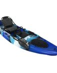 Rear deck view of Cambridge Kayaks Barracuda blue and white featuring cargo well and rudder system for fishing use.