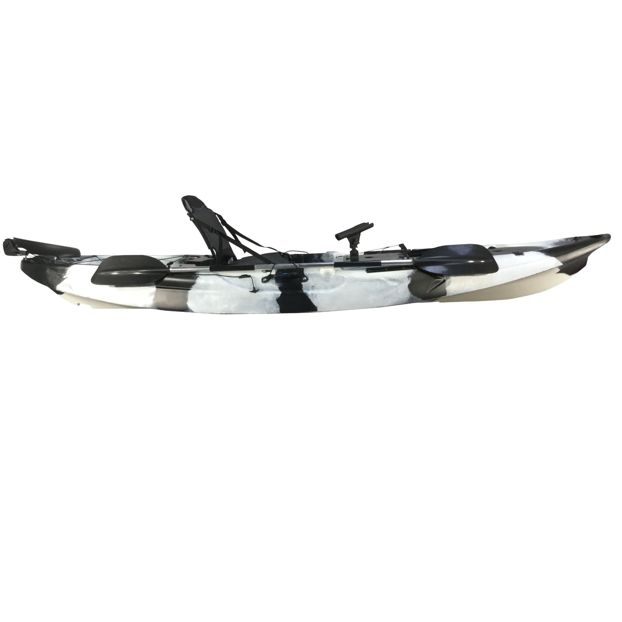 Front-angled image of Cambridge Kayaks Barracuda black and white kayak showing bow handle, hull design, and forward hatch for gear storage.